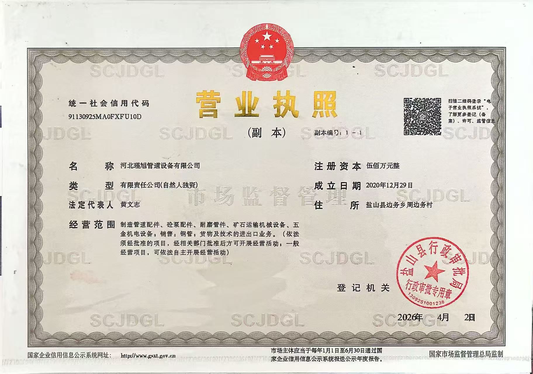 Business license of Hebei J&S Pipe Fittings Co., Ltd